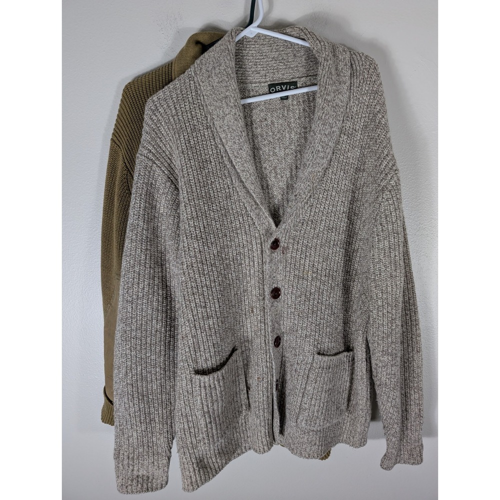 Orvis Mens L Lot of 2 Wool Shawl Collar Cardigan Sweaters Oatmeal Elbow Patches